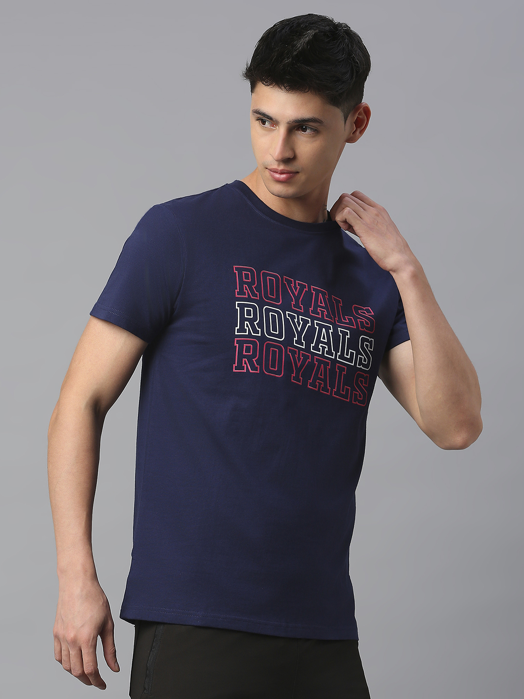 Rajasthan Royals Men Navy Blue and Pink Printed Half Sleeves Round Neck Royals Cotton T-Shirt (3)