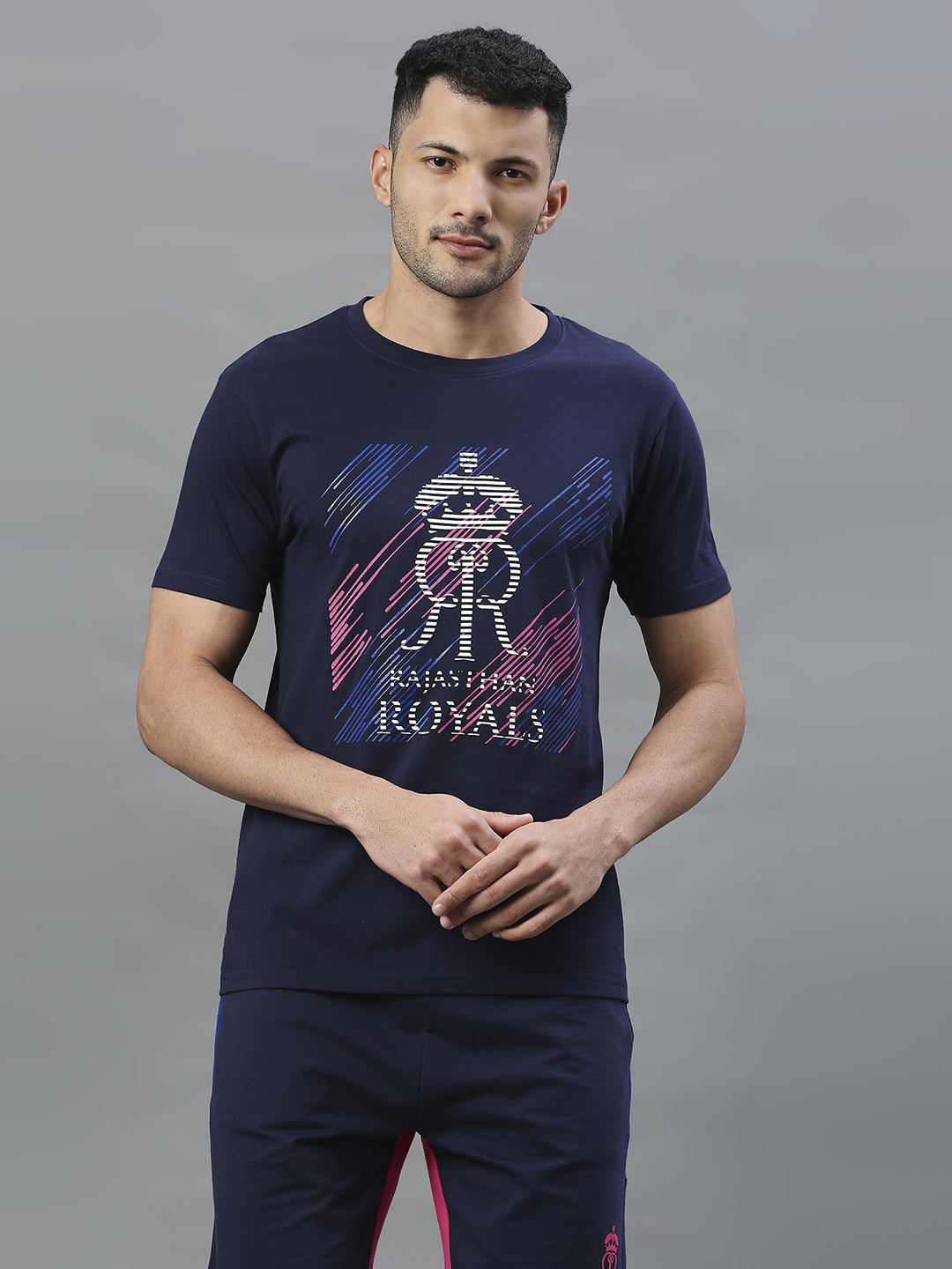 Rajasthan Royals Men Navy Blue Graphic Printed Half Sleeves Round Neck Cotton T-Shirt (1)