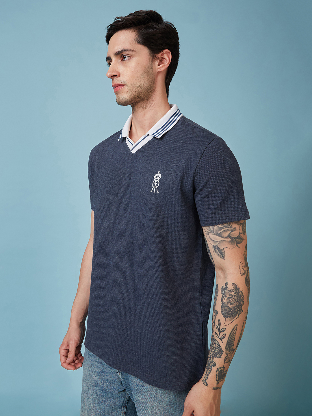 Rajasthan Royals Men Navy Blue Popcorn Textured Premium Cotton Polo Neck T-Shirt (4)