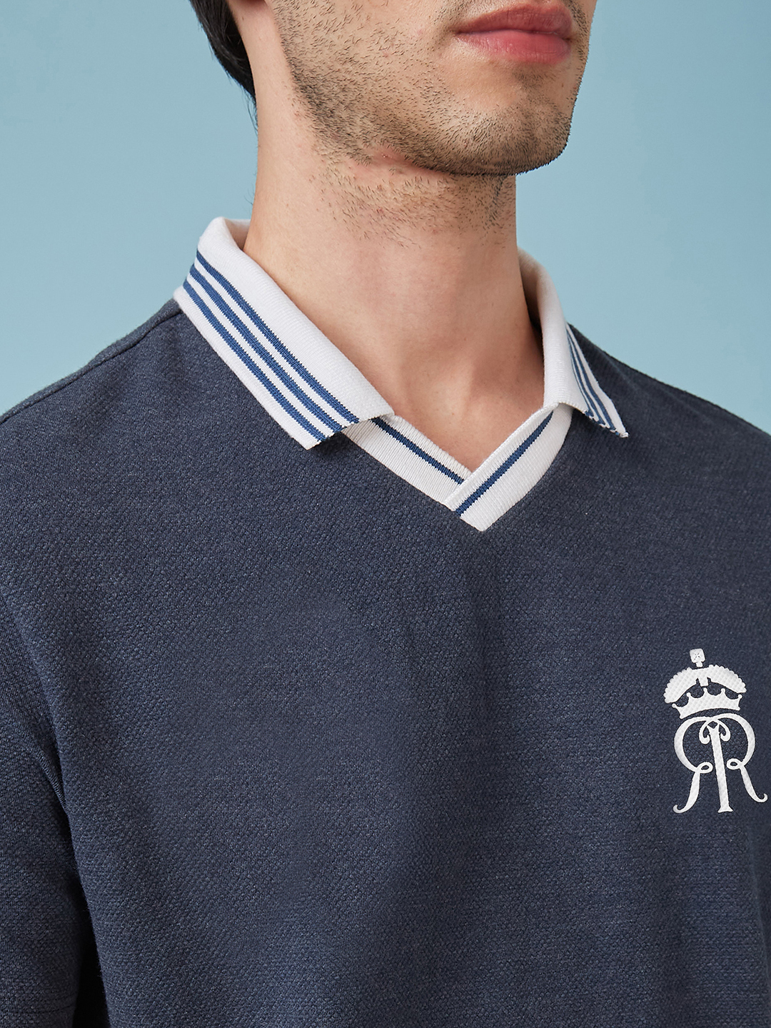 Rajasthan Royals Men Navy Blue Popcorn Textured Premium Cotton Polo Neck T-Shirt (5)
