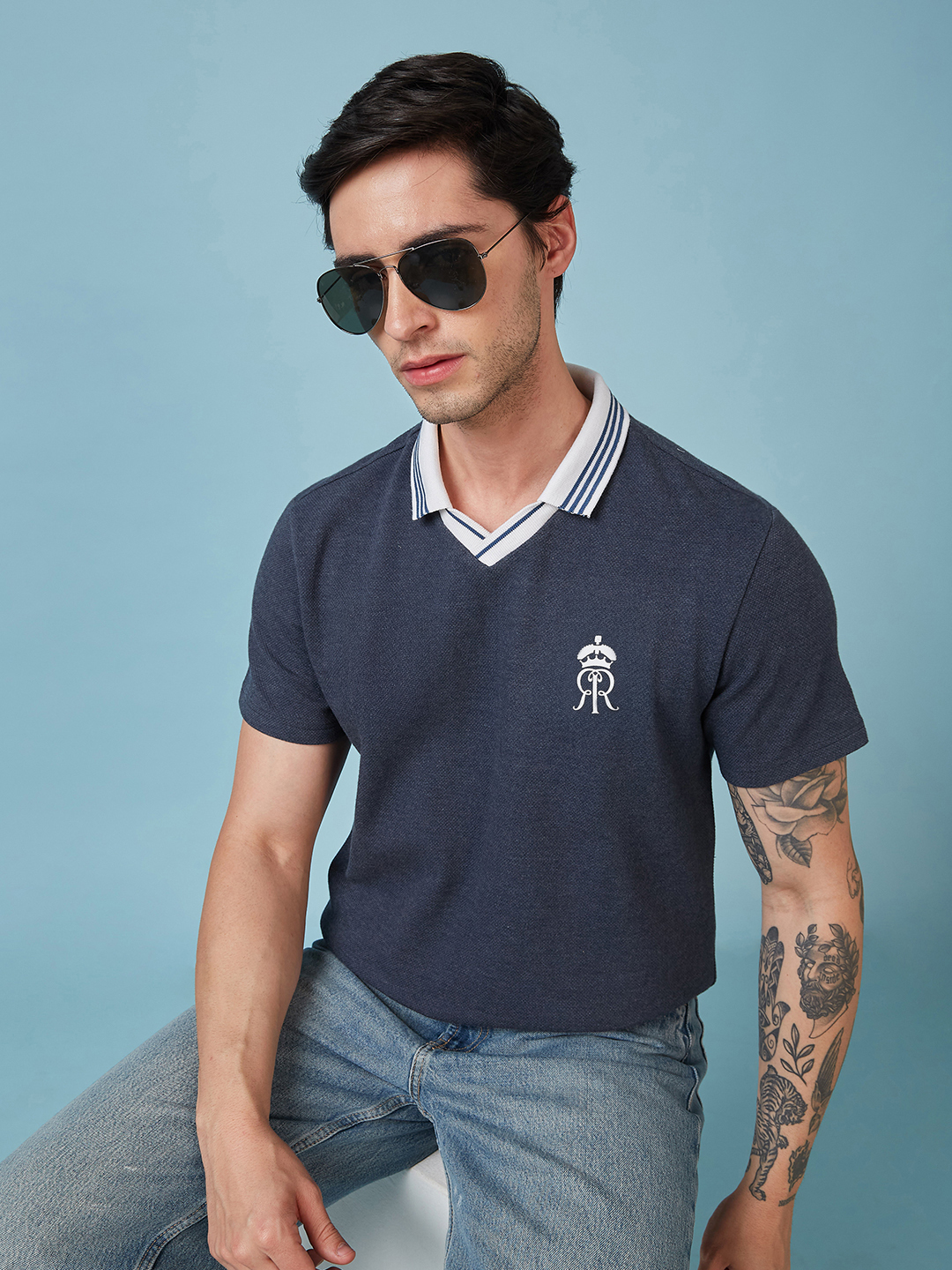 Men Navy Blue Popcorn Textured Premium Cotton Polo Neck T-Shirt