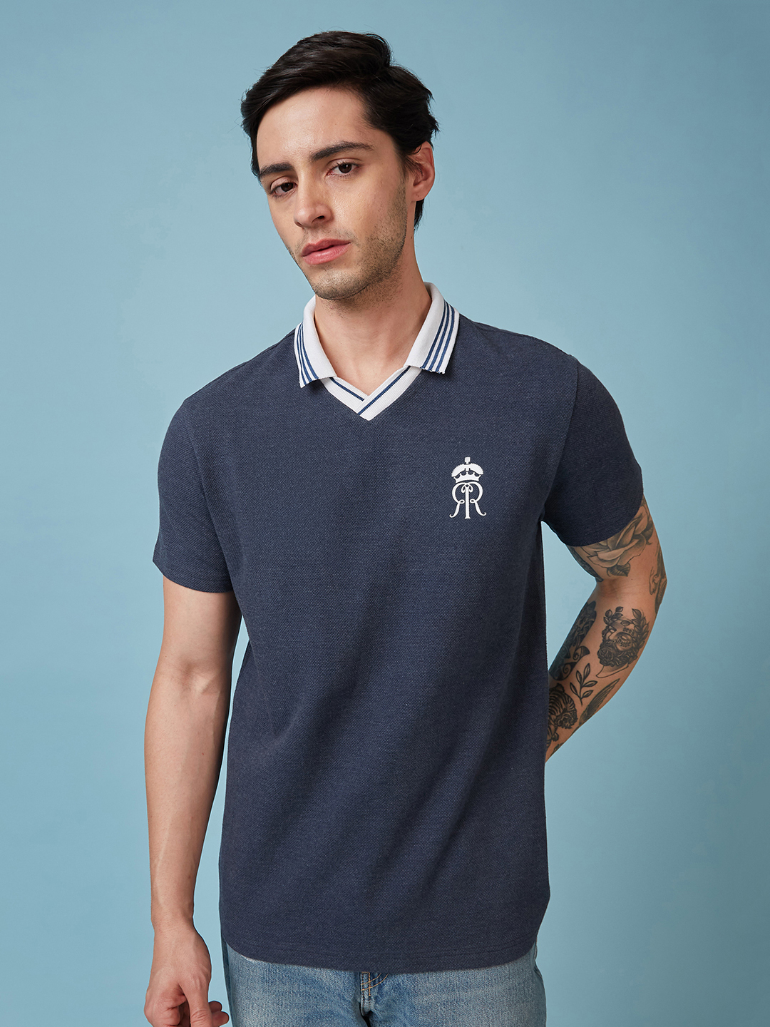 Rajasthan Royals Men Navy Blue Popcorn Textured Premium Cotton Polo Neck T-Shirt (2)