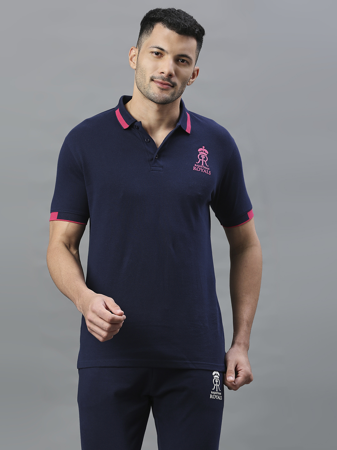 Rajasthan Royals Men Navy Blue Solid Half Sleeves Polo Collar Cotton T-Shirt (1)