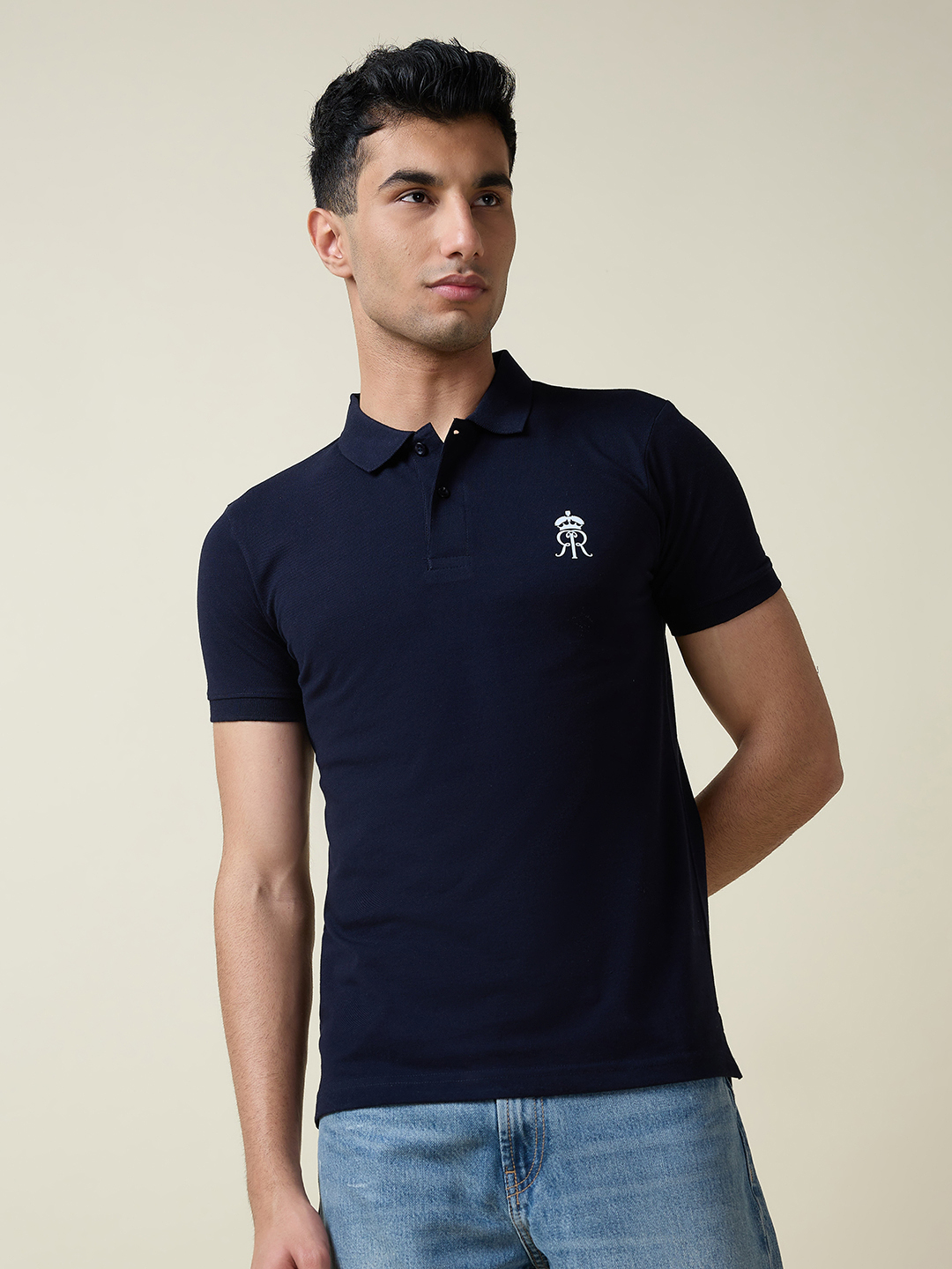Rajasthan Royals Men Navy Blue Solid Half Sleeves Polo Collar Cotton T-Shirt (3)