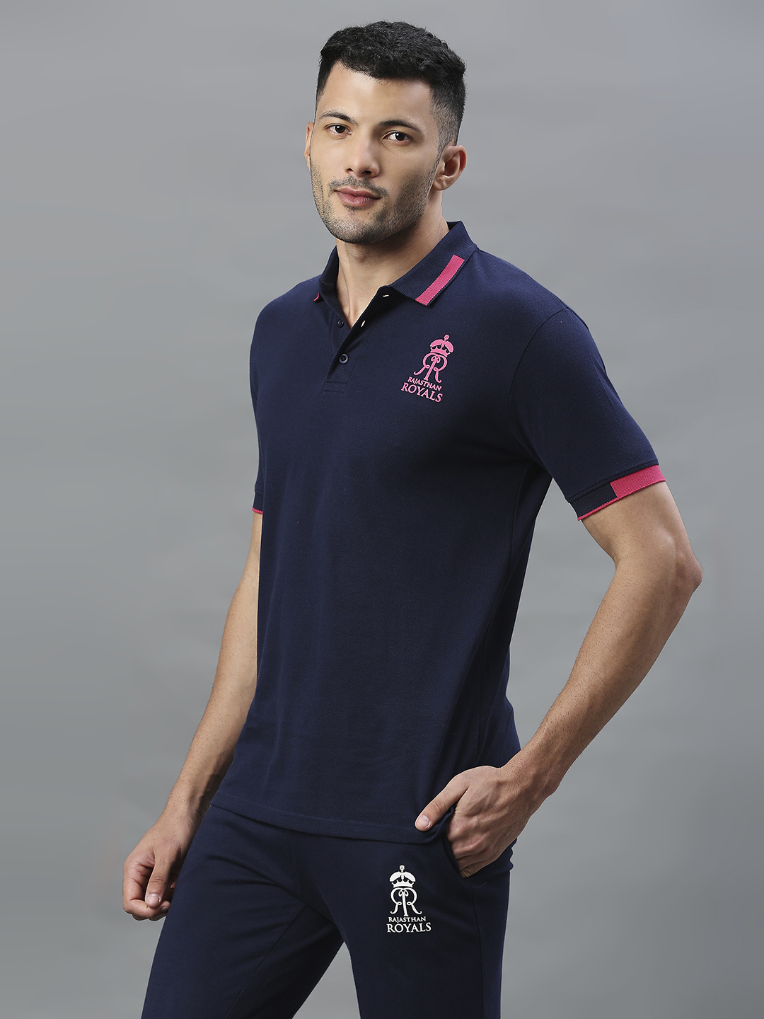 Rajasthan Royals Men Navy Blue Solid Half Sleeves Polo Collar Cotton T-Shirt (4)