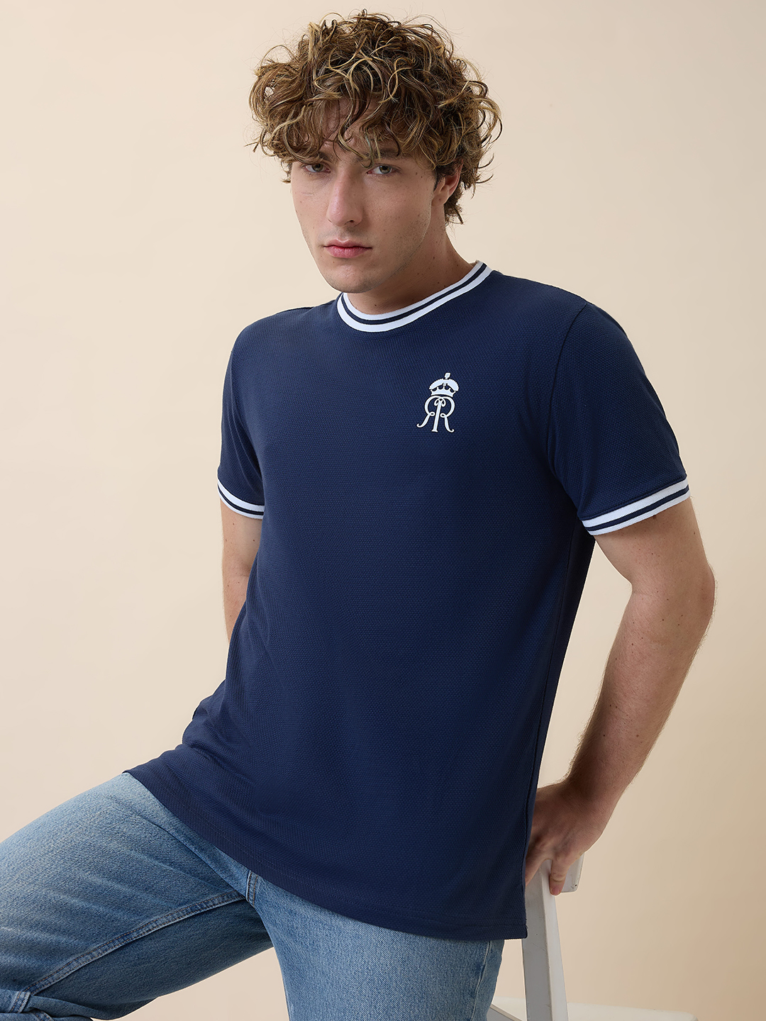 Rajasthan Royals Men Navy Blue Solid Half Sleeves Round Neck Cotton T-Shirt