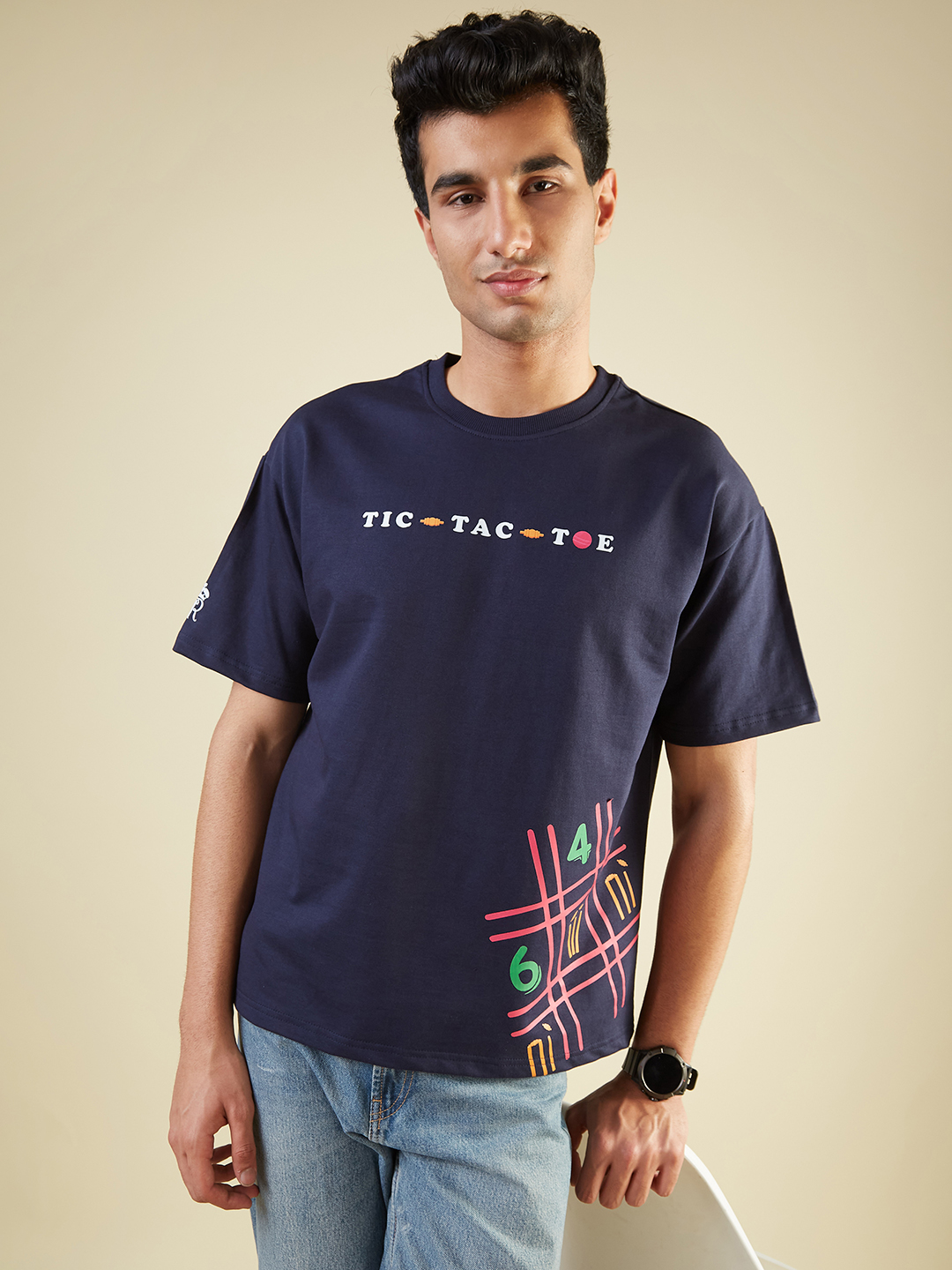 Rajasthan Royals Men Navy Blue Tic Tac Toe Power Play Graphic Printed Oversized T-Shirt (2)