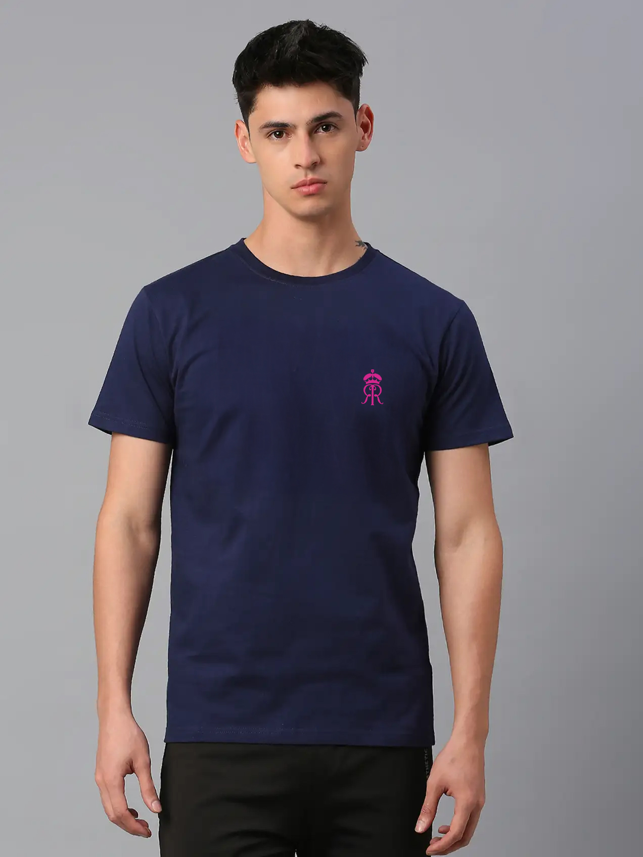 Men Navy Blue Typography Printed Half Sleeves Round Neck Cotton T-Shirt