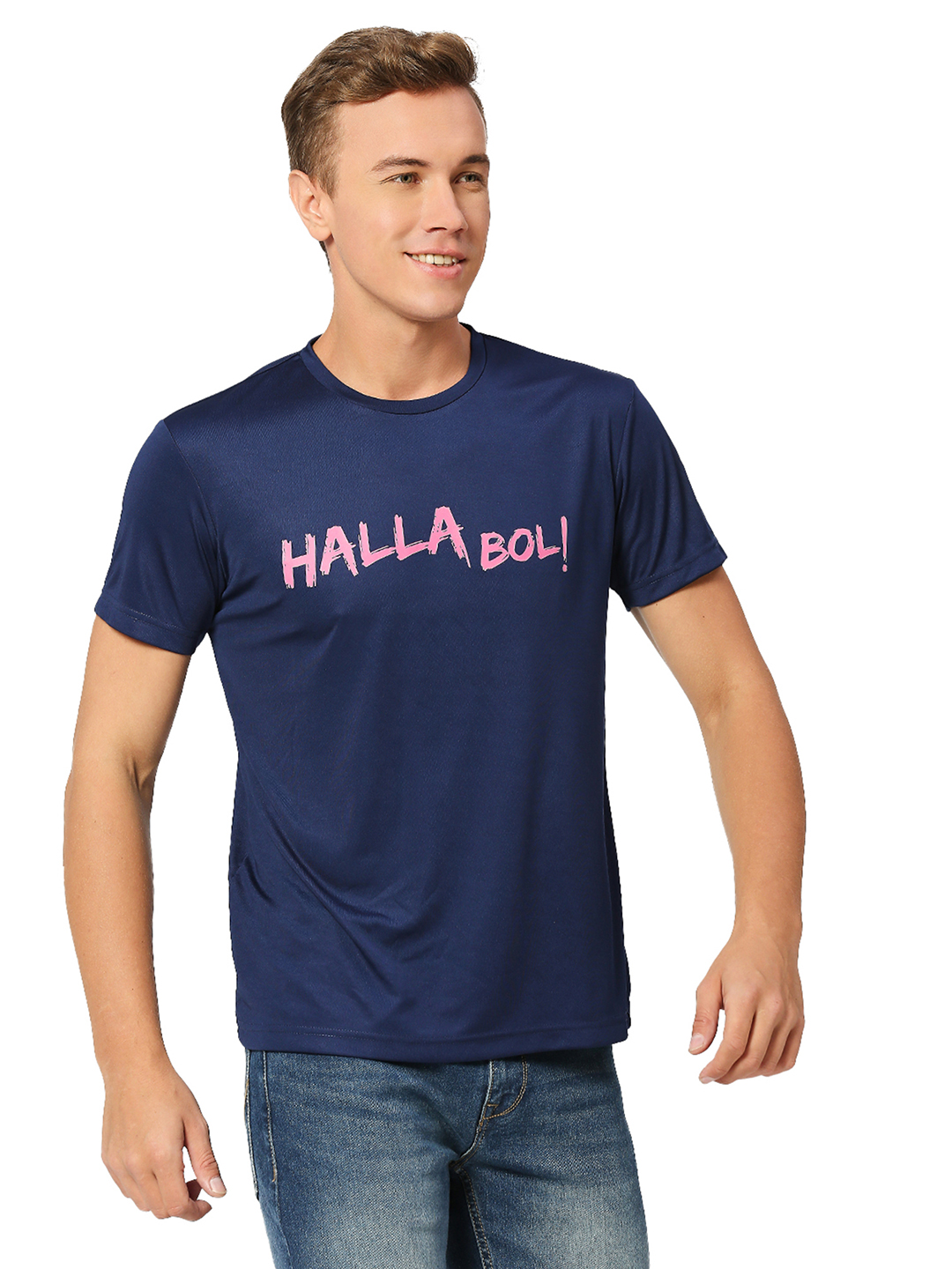 Rajasthan Royals Men Navy Blue Typography Printed Half Sleeves Round Neck Hala Bol Polyester T-Shirt (3)