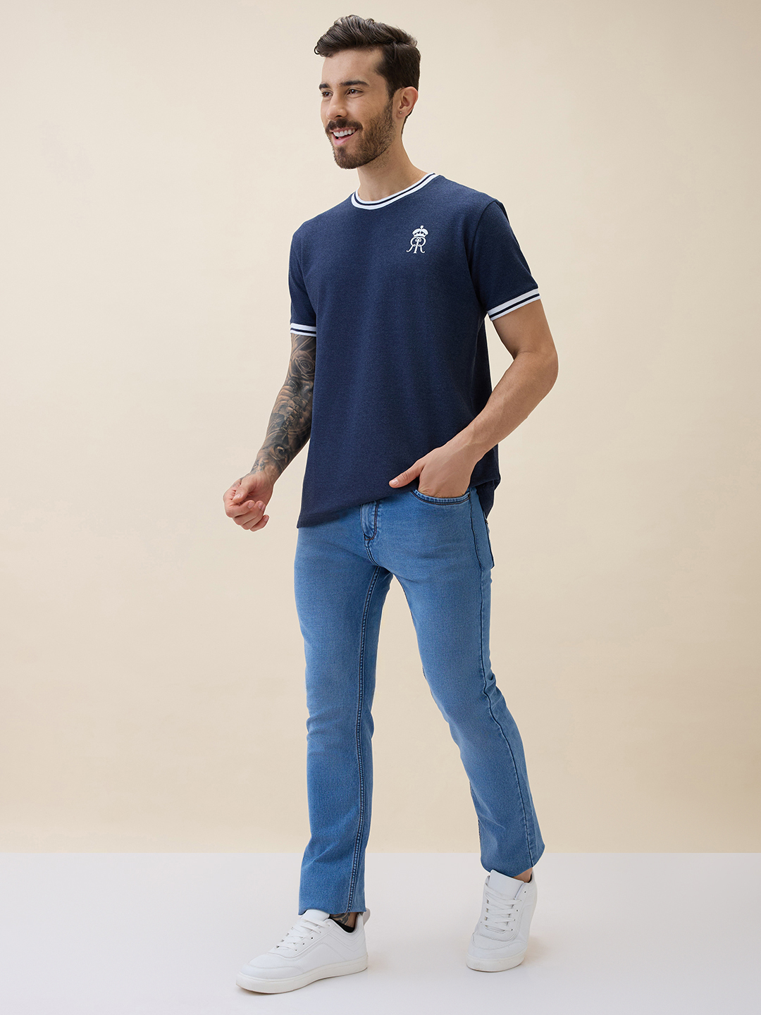 Rajasthan Royals Men Navy Melange Logo Printed Half Sleeves Round Neck Cotton T-Shirt (4)