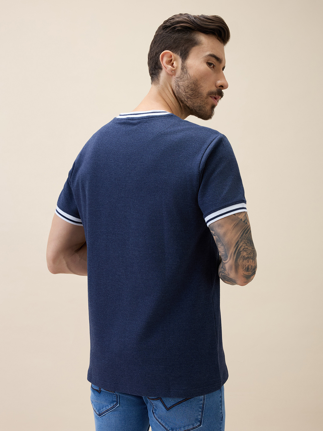 Rajasthan Royals Men Navy Melange Logo Printed Half Sleeves Round Neck Cotton T-Shirt (2)