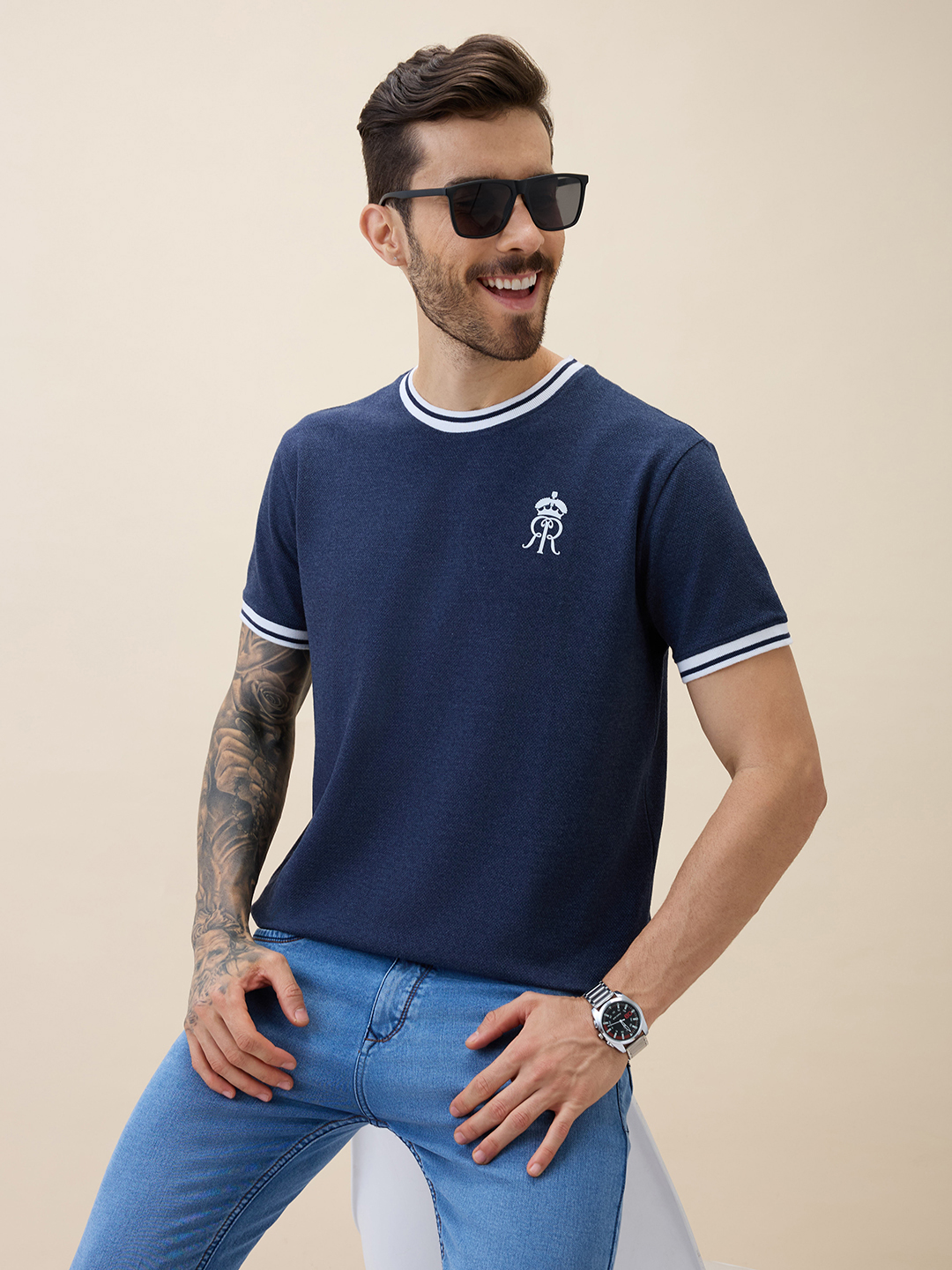 Men Navy Melange Logo Printed Half Sleeves Round Neck Cotton T-Shirt