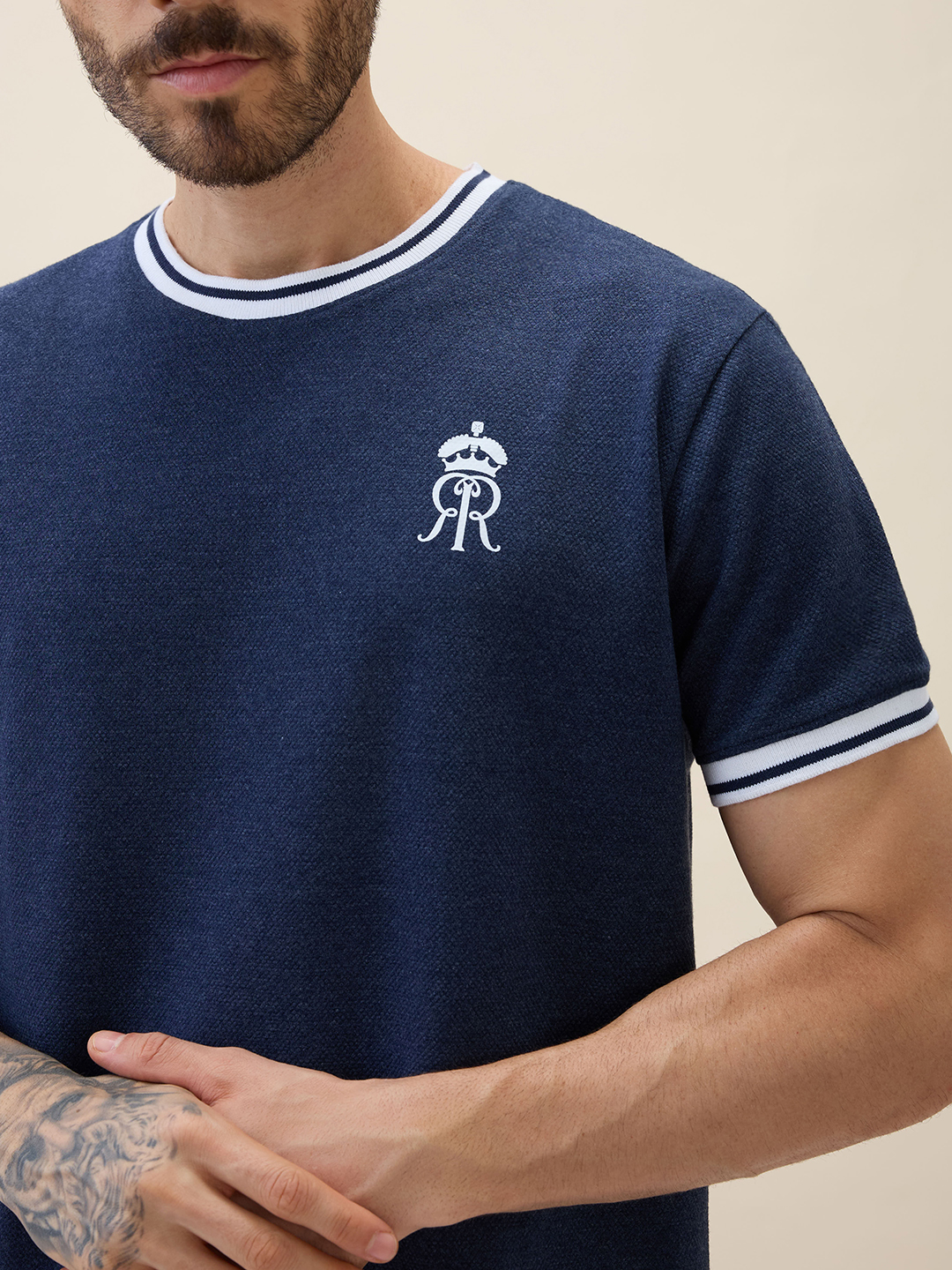 Rajasthan Royals Men Navy Melange Logo Printed Half Sleeves Round Neck Cotton T-Shirt (3)