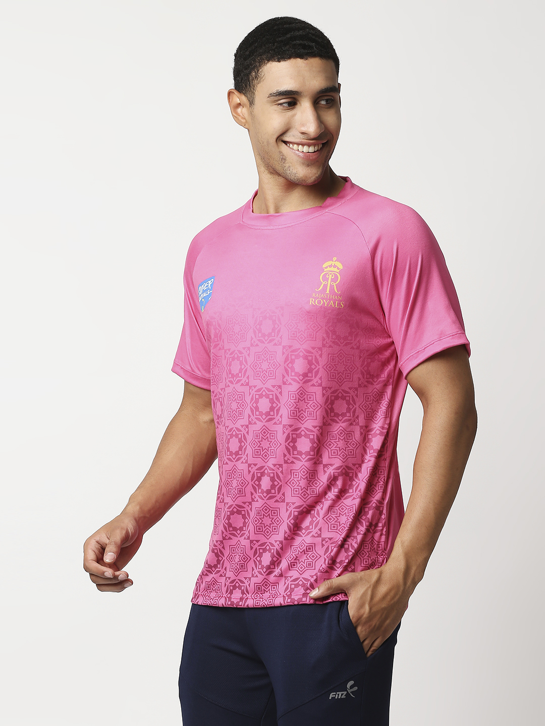Rajasthan Royals Men Pink All Over Print Half Sleeves Round Neck Polyester Sports T-Shirt (2)