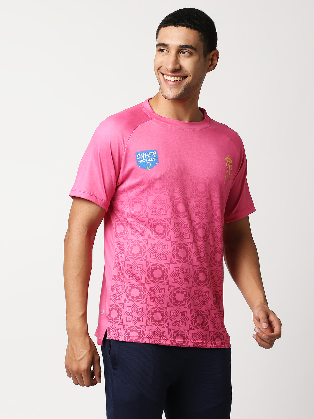 Rajasthan Royals Men Pink All Over Print Half Sleeves Round Neck Polyester Sports T-Shirt (3)
