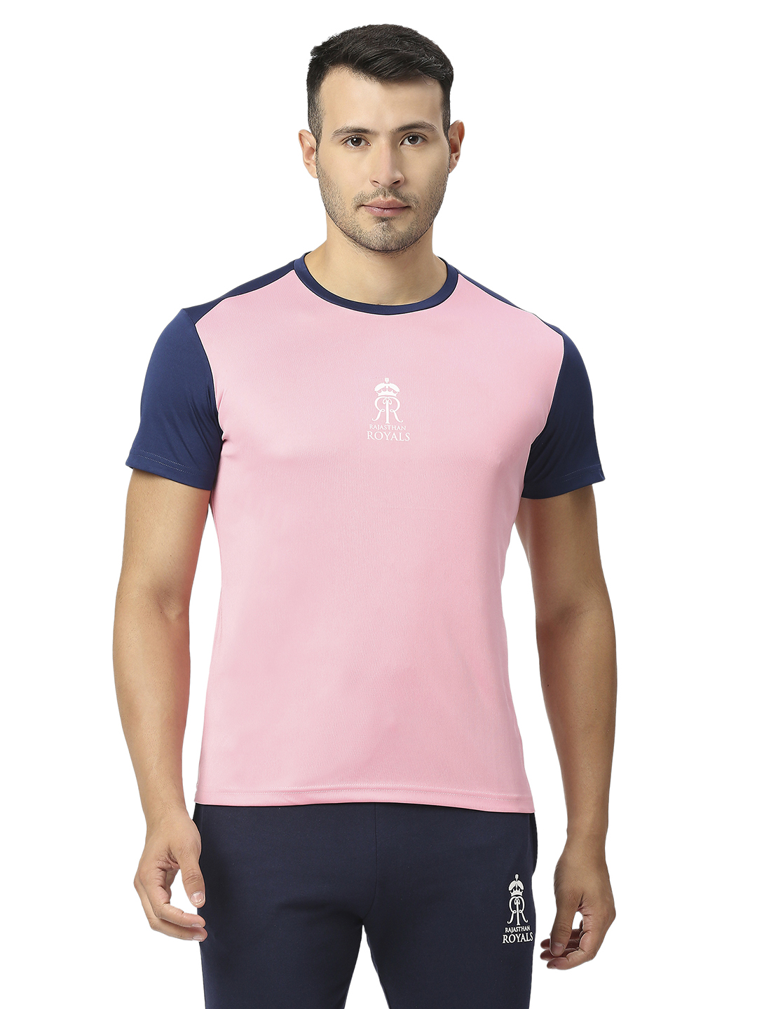 Rajasthan Royals Men Pink and Navy Blue Colourblocked Half Sleeves Round Neck Fan T-Shirt (1)