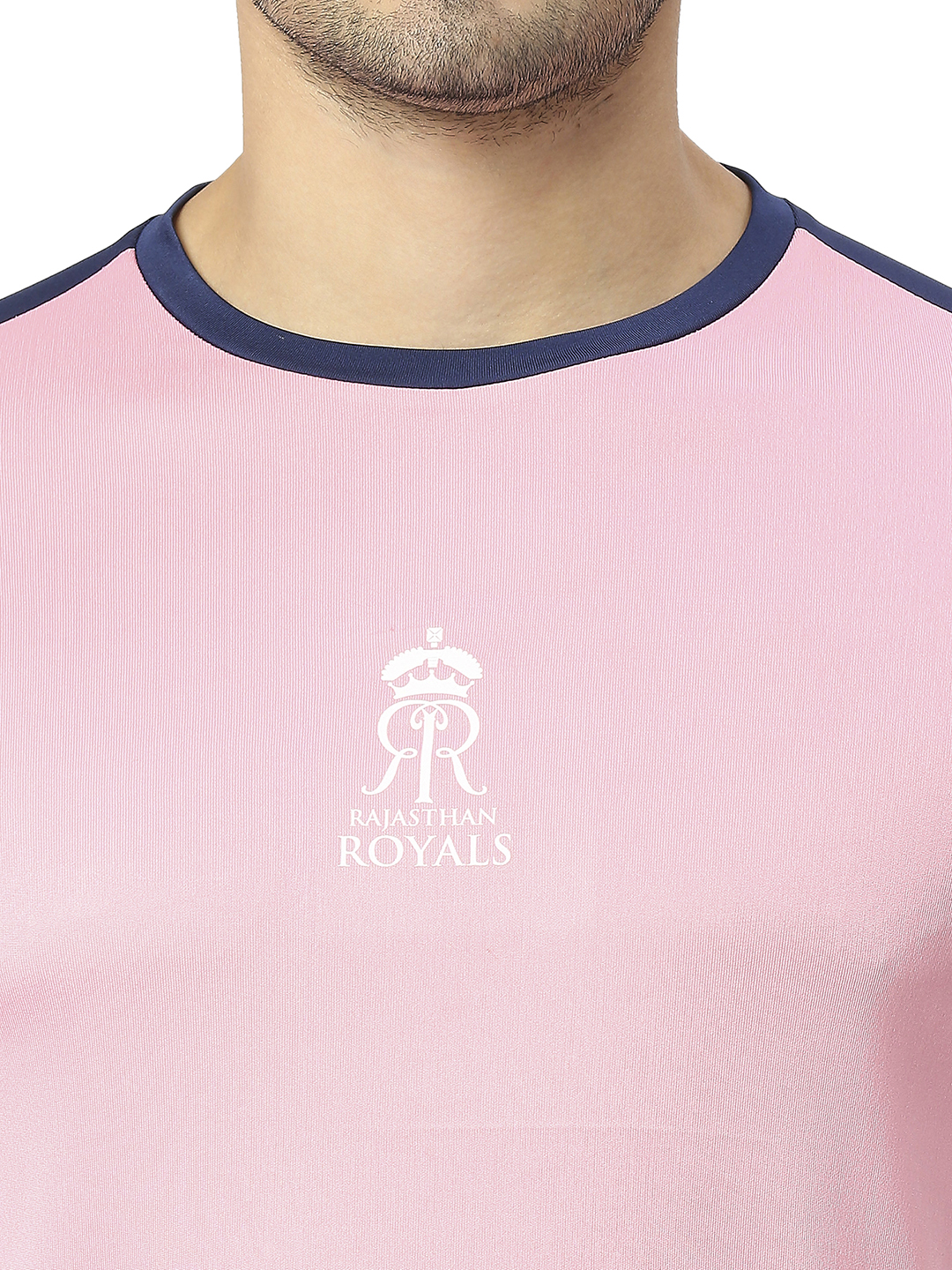 Rajasthan Royals Men Pink and Navy Blue Colourblocked Half Sleeves Round Neck Fan T-Shirt (10)