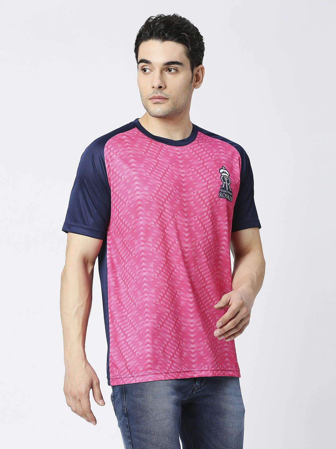 Rajasthan Royals Men Pink and Navy Blue Colourblocked Half Sleeves Round Neck Fan T-Shirt (1)