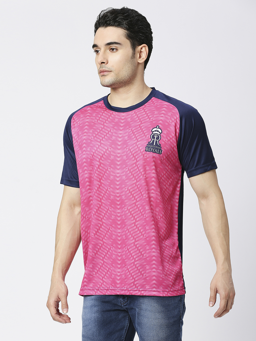Rajasthan Royals Men Pink and Navy Blue Colourblocked Half Sleeves Round Neck Fan T-Shirt (3)