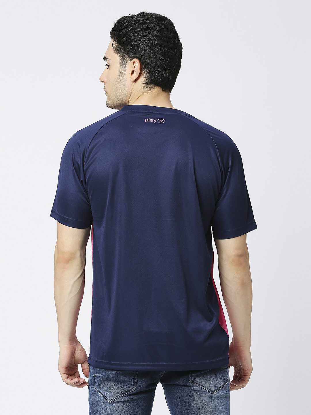 Rajasthan Royals Men Pink and Navy Blue Colourblocked Half Sleeves Round Neck Fan T-Shirt (4)