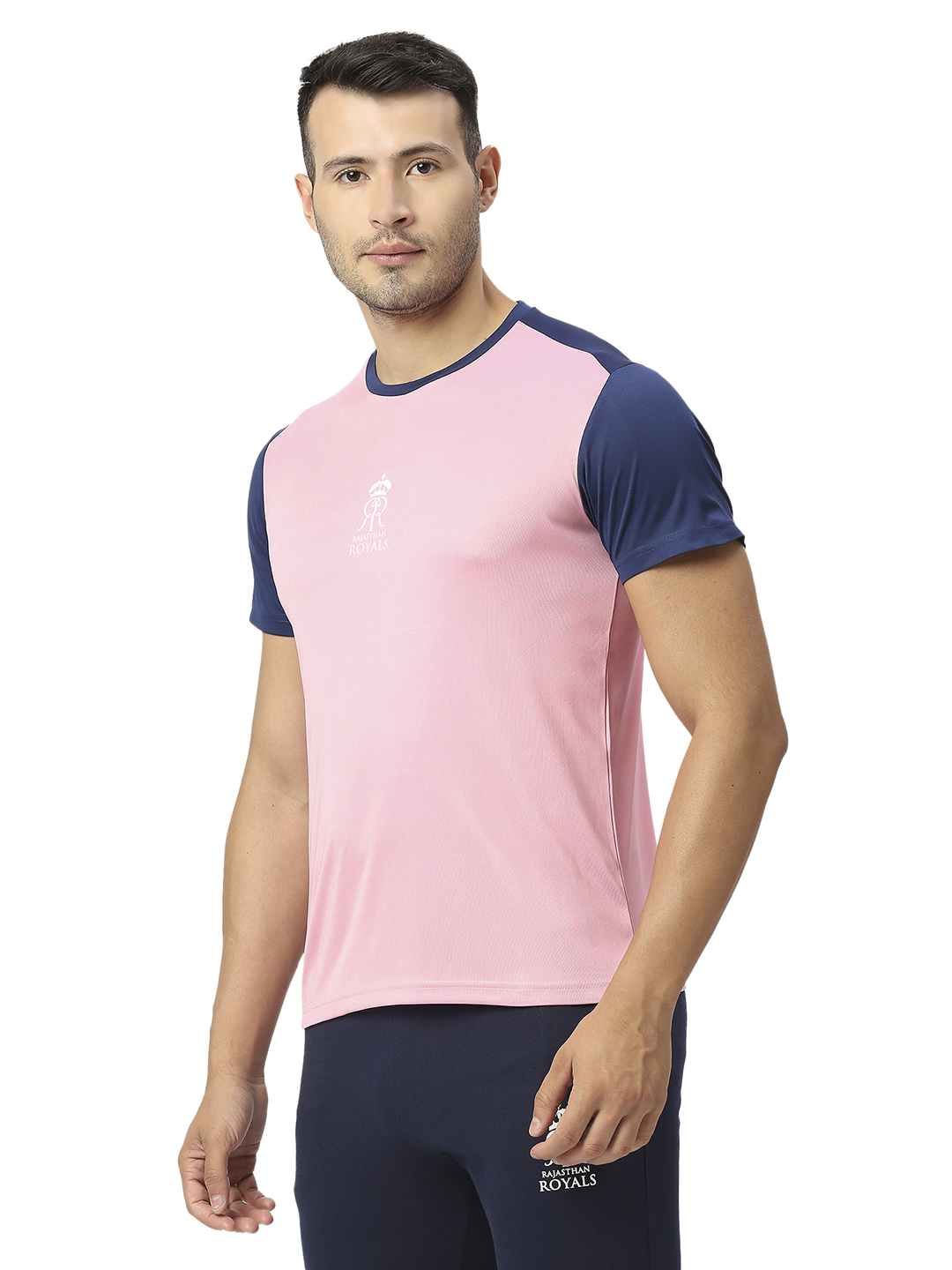 Rajasthan Royals Men Pink and Navy Blue Colourblocked Half Sleeves Round Neck Fan T-Shirt (2)