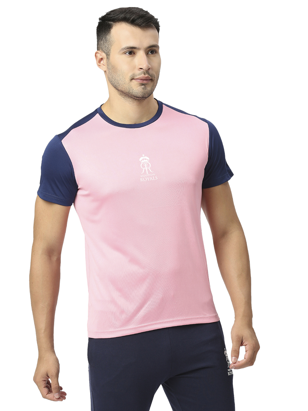 Rajasthan Royals Men Pink and Navy Blue Colourblocked Half Sleeves Round Neck Fan T-Shirt (3)