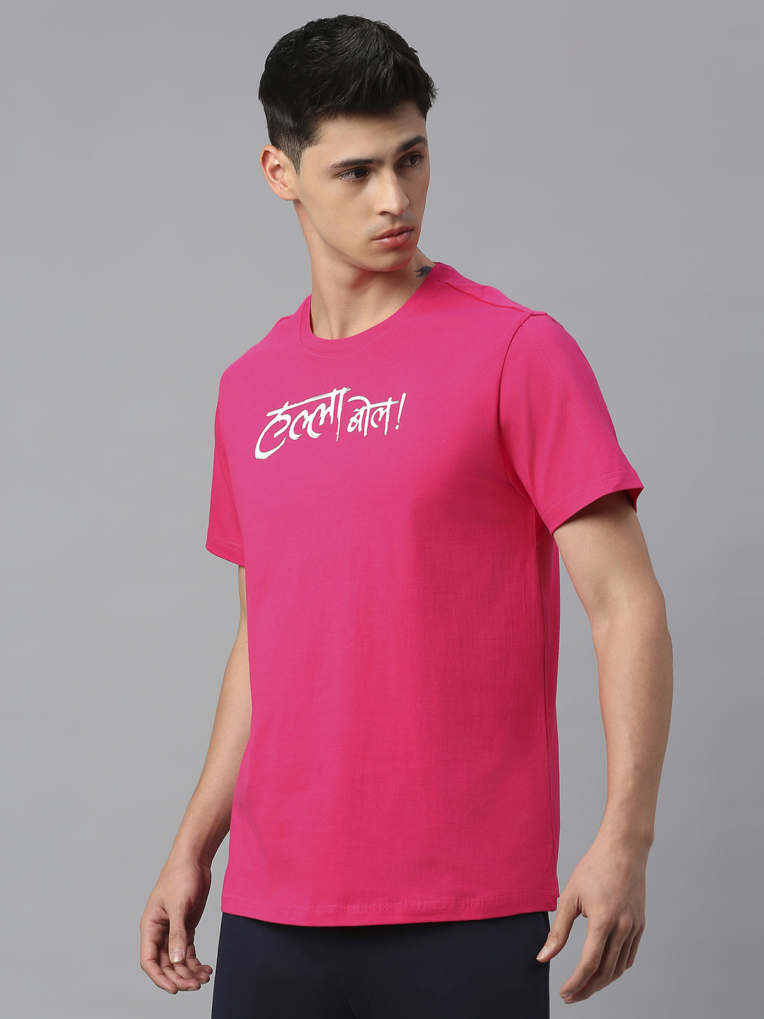 Rajasthan Royals Men Pink and White Printed Hallf Sleeves Round Neck Halla Bol Cotton T-Shirt (2)