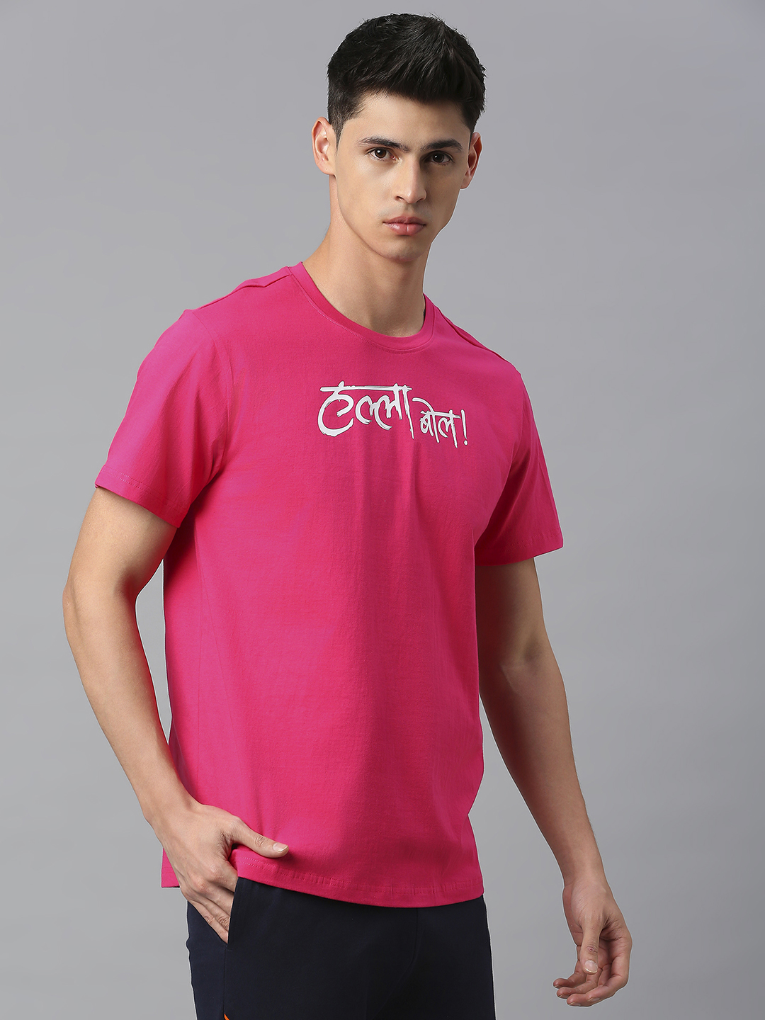 Rajasthan Royals Men Pink and White Printed Hallf Sleeves Round Neck Halla Bol Cotton T-Shirt (4)