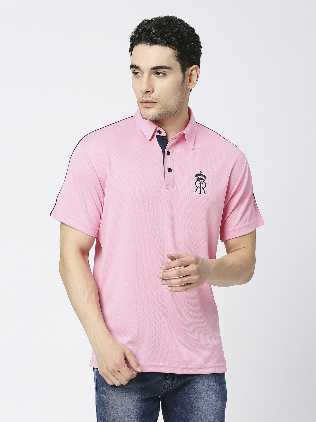 Rajasthan Royals Men Pink Solid Half Sleeves Polo Collar Polyester T-Shirt (1)