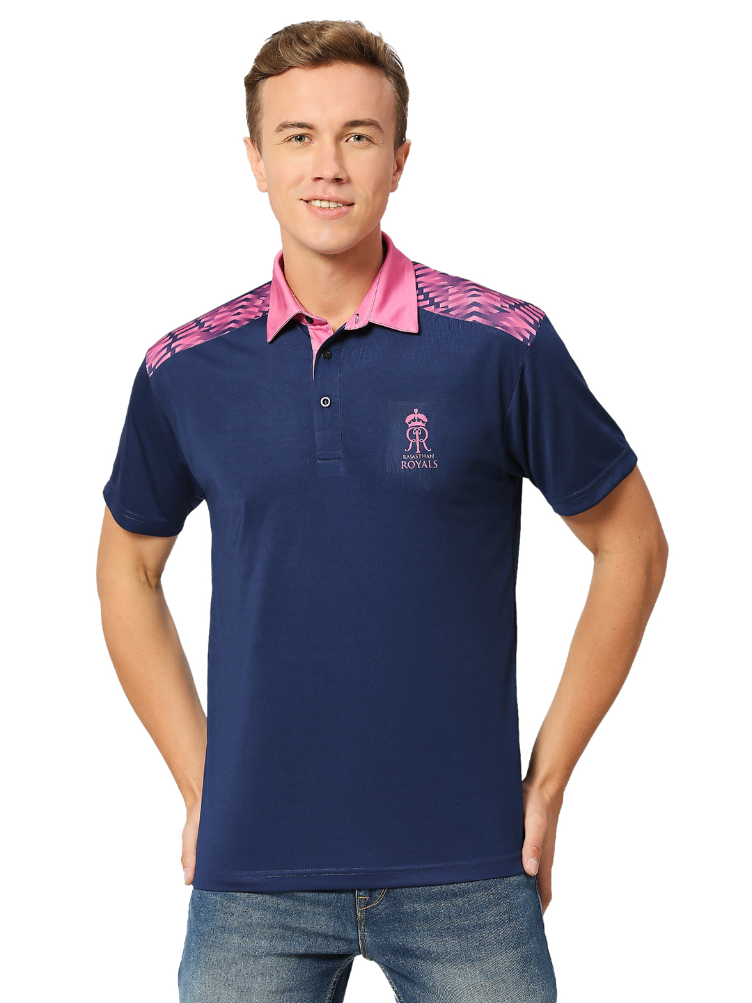 Rajasthan Royals Men Purple and Pink Solid Half Sleeves Polo Collar Travel Polyester T-Shirt (1)