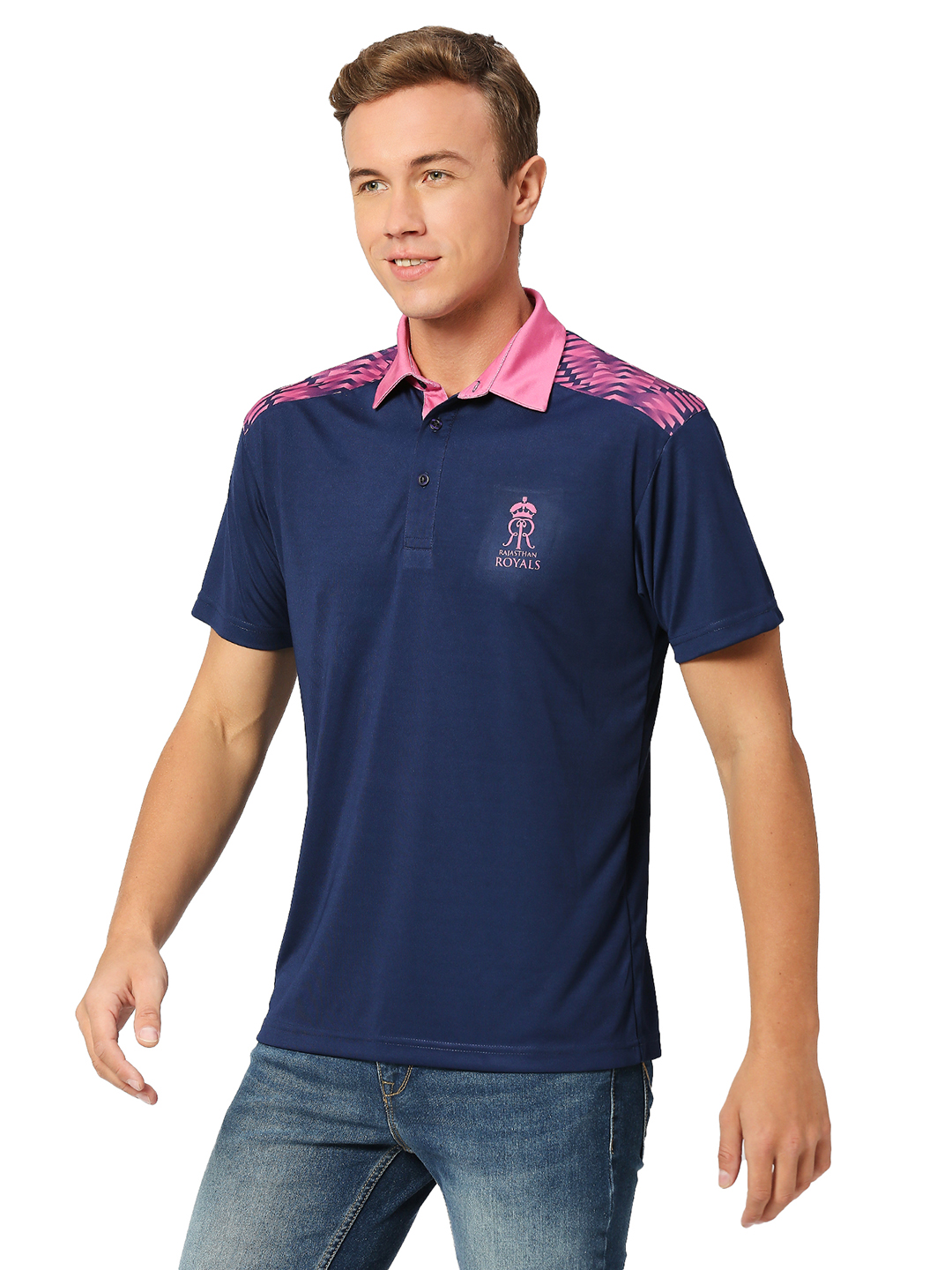 Rajasthan Royals Men Purple and Pink Solid Half Sleeves Polo Collar Travel Polyester T-Shirt (2)