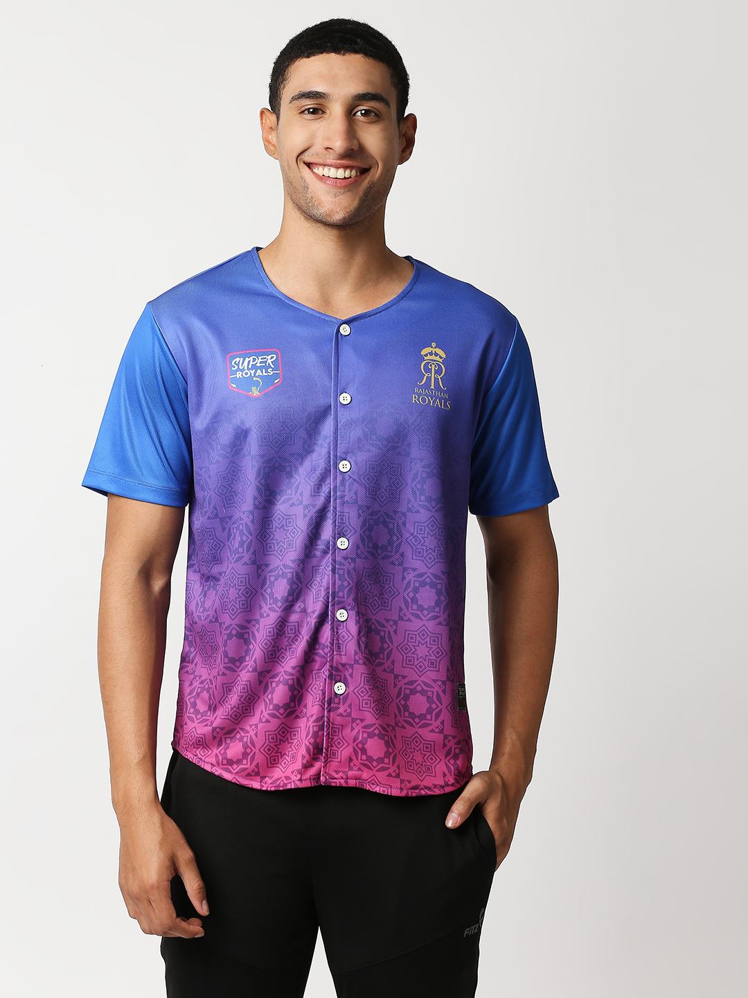 Rajasthan Royals Men Red and Blue Printed Half Sleeves Athletic Baseball Polyester Shirt (1)