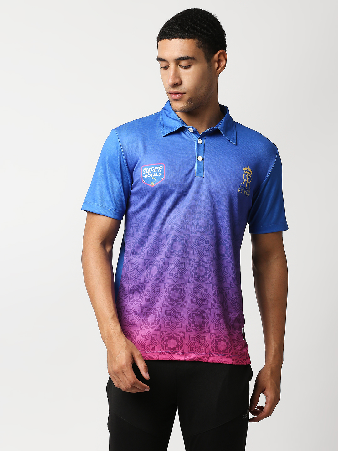 Men Red and Blue Printed Half Sleeves Polo Collar Athletic Cricket T-Shirt