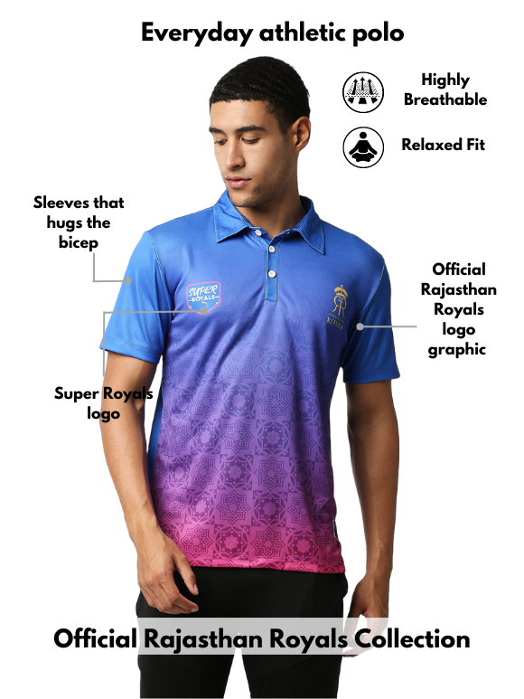 Rajasthan Royals Men Red and Blue Printed Half Sleeves Polo Collar Athletic Cricket T-Shirt (2)