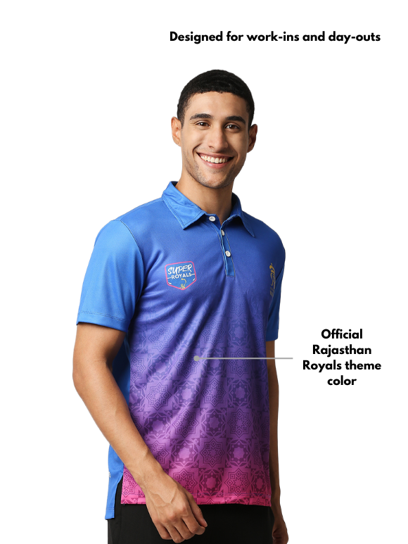 Rajasthan Royals Men Red and Blue Printed Half Sleeves Polo Collar Athletic Cricket T-Shirt (3)