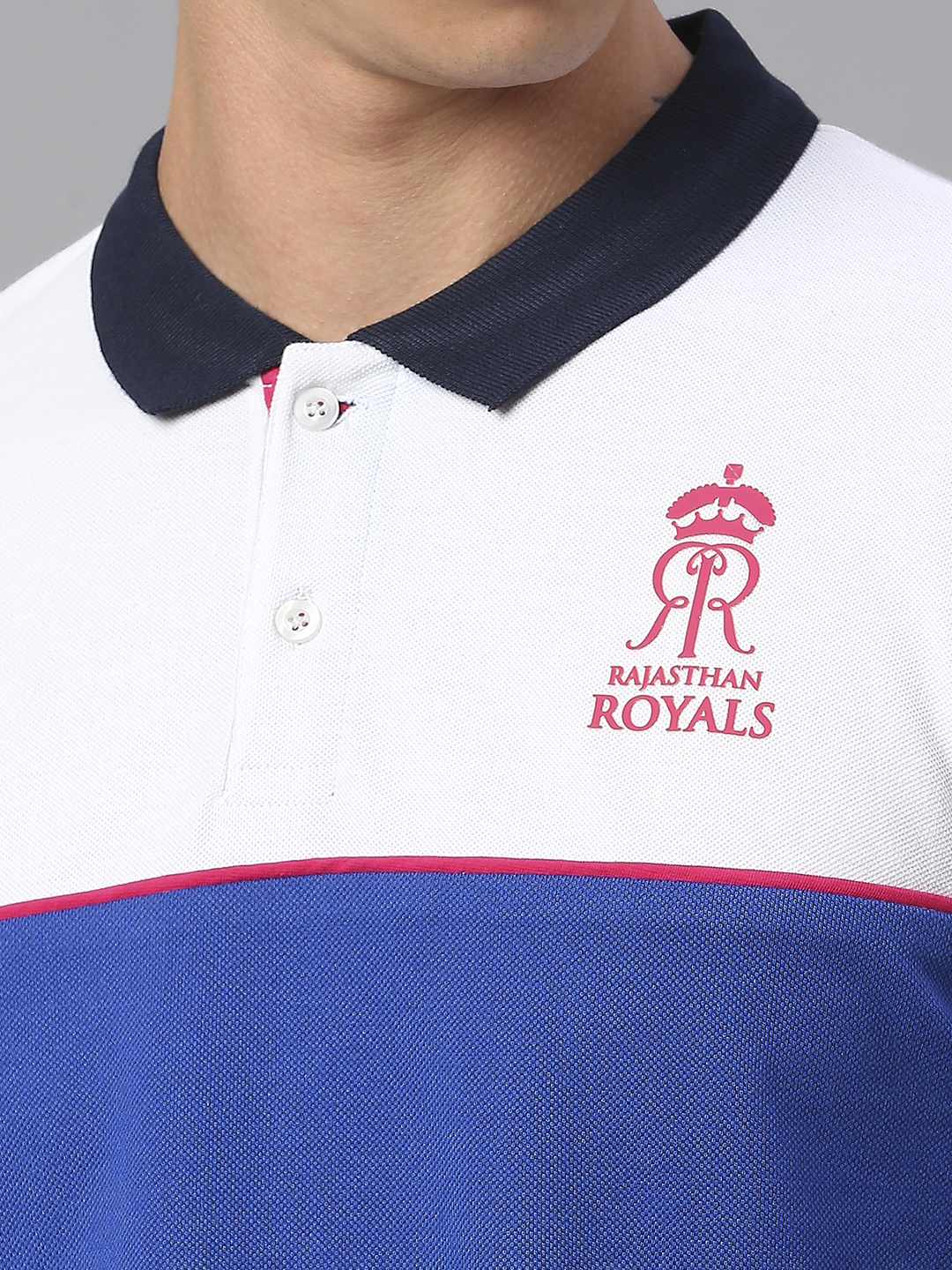 Rajasthan Royals Men Royal Blue and White Colourblocked Half Sleeves Polo Collar Cotton T-Shirt (5)
