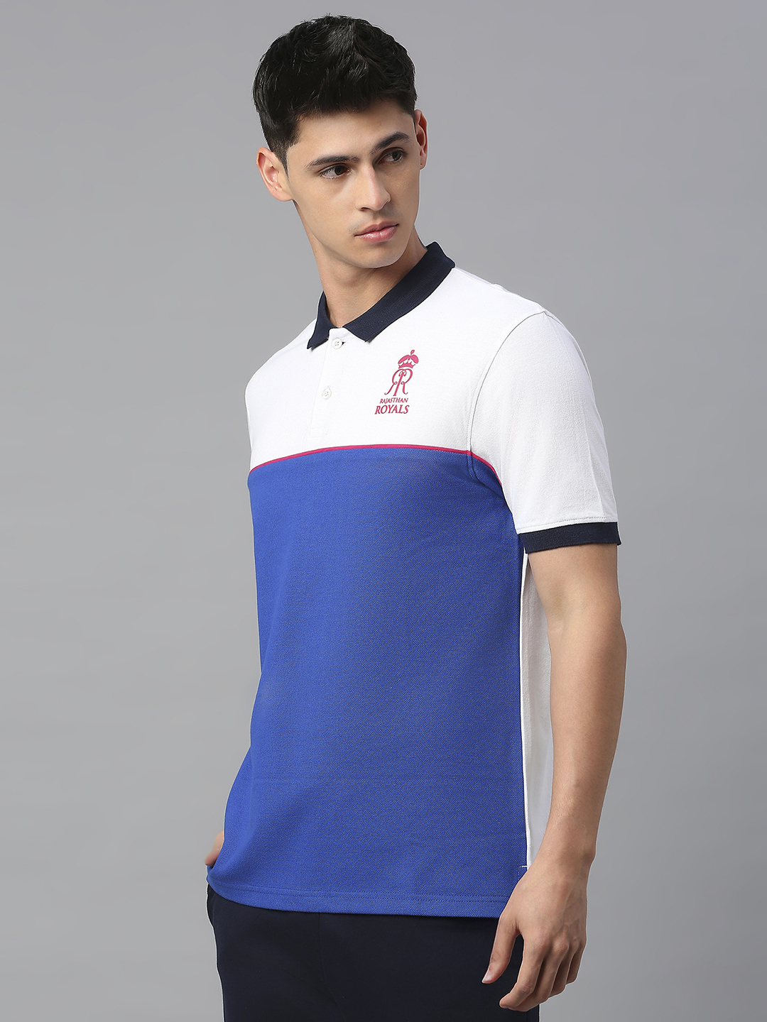 Rajasthan Royals Men Royal Blue and White Colourblocked Half Sleeves Polo Collar Cotton T-Shirt (2)