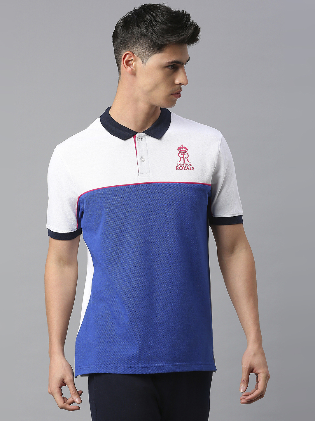Rajasthan Royals Men Royal Blue and White Colourblocked Half Sleeves Polo Collar Cotton T-Shirt (3)
