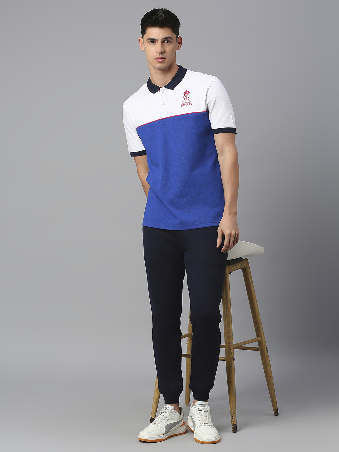 Rajasthan Royals Men Royal Blue and White Colourblocked Half Sleeves Polo Collar Cotton T-Shirt (6)