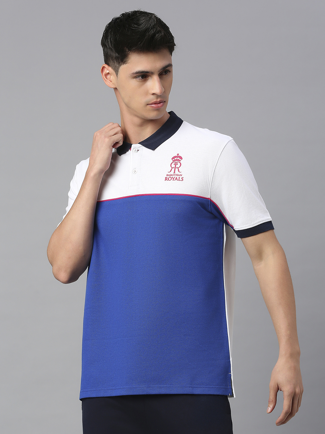 Men Royal Blue and White Colourblocked Half Sleeves Polo Collar Cotton T-Shirt