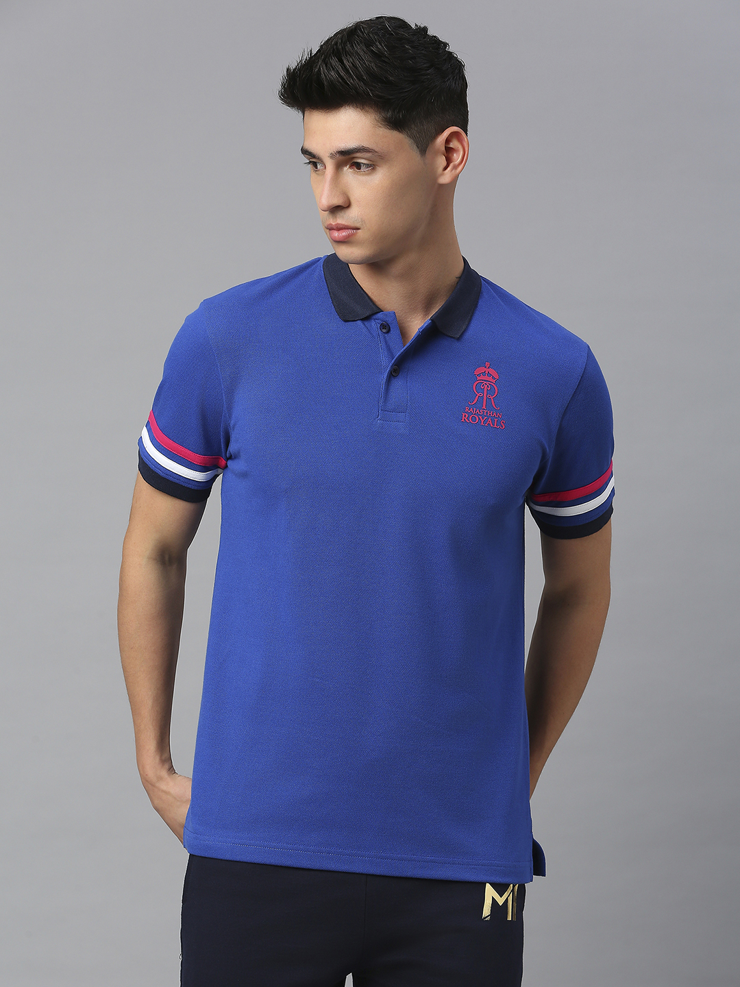 Men Royal Blue Striped Half Sleeves Polo Collar Cotton T-Shirt