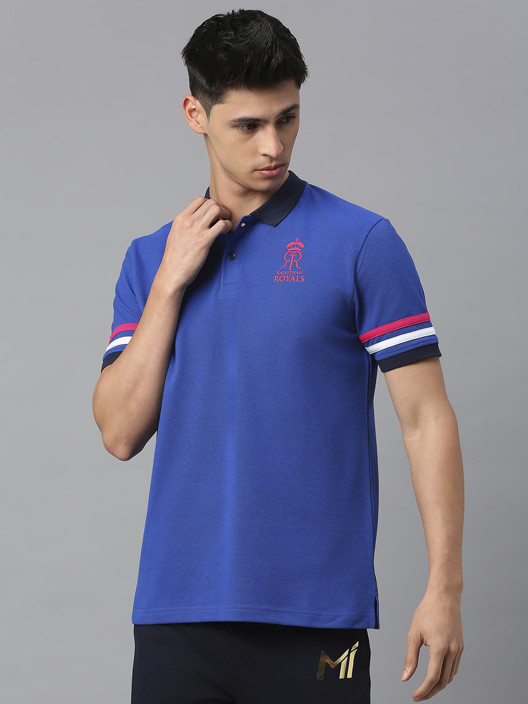 Rajasthan Royals Men Royal Blue Striped Half Sleeves Polo Collar Cotton T-Shirt (2)