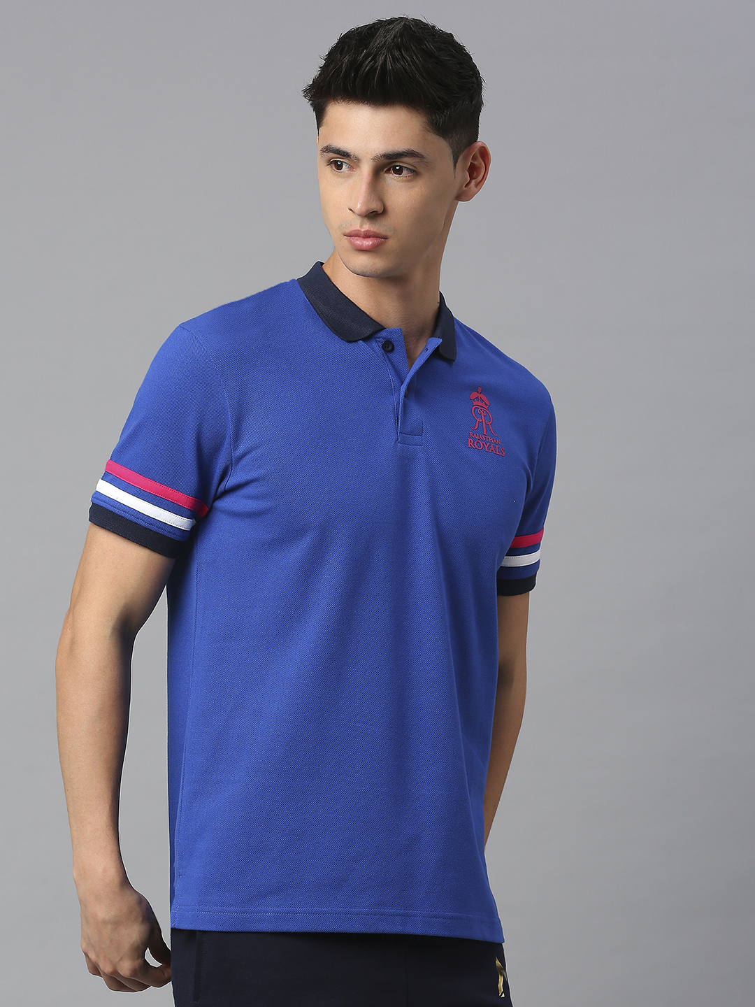 Rajasthan Royals Men Royal Blue Striped Half Sleeves Polo Collar Cotton T-Shirt (3)