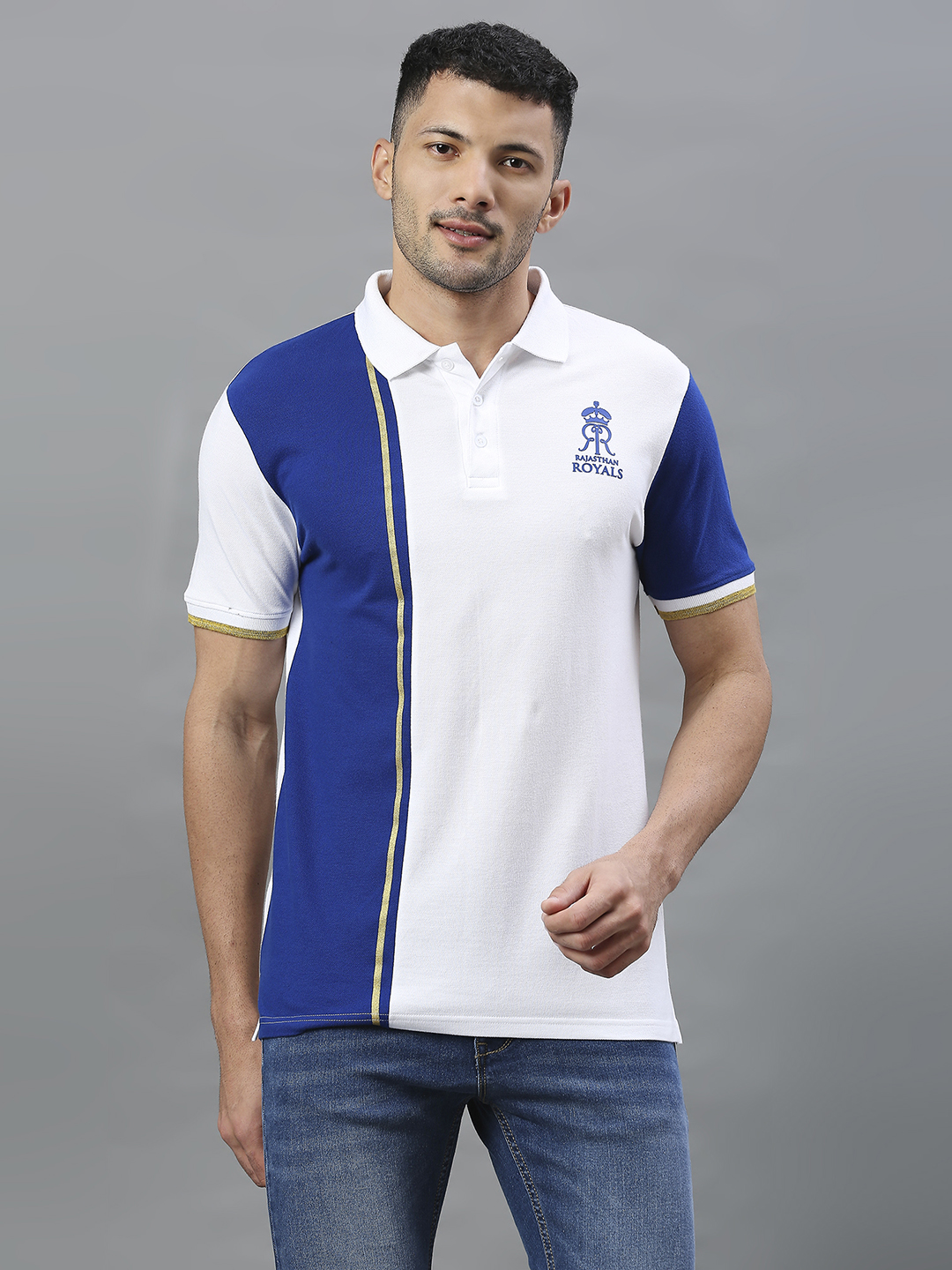 Men White and Blue Colourblocked Half Sleeves Polo Collar Cotton T-Shirt