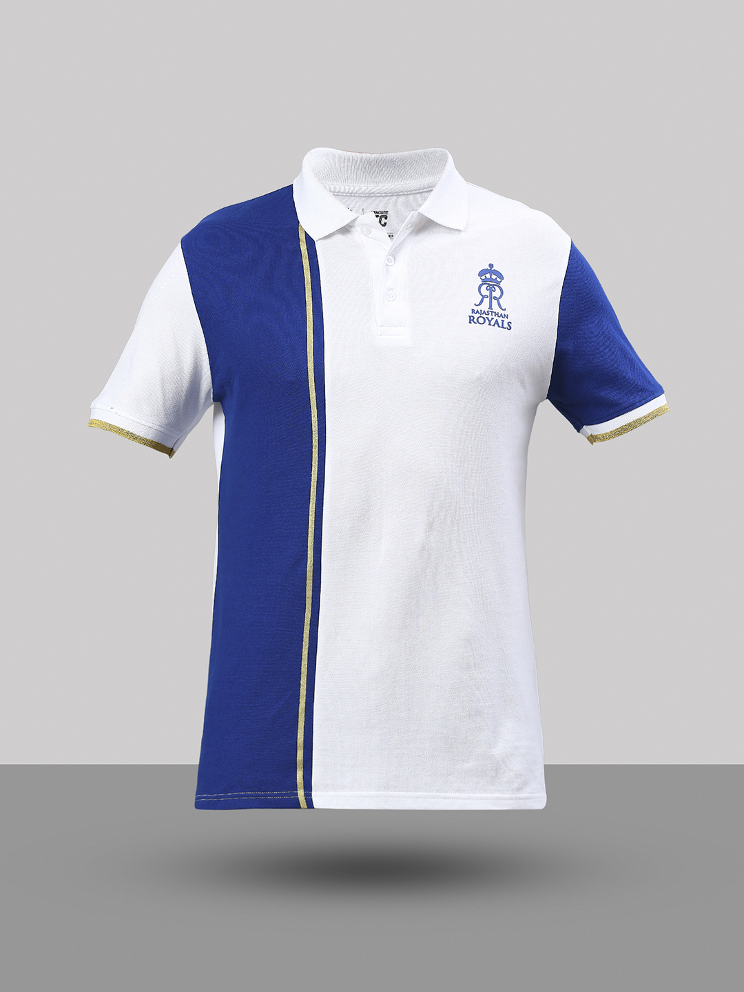 Rajasthan Royals Men White and Blue Colourblocked Half Sleeves Polo Collar Cotton T-Shirt (2)