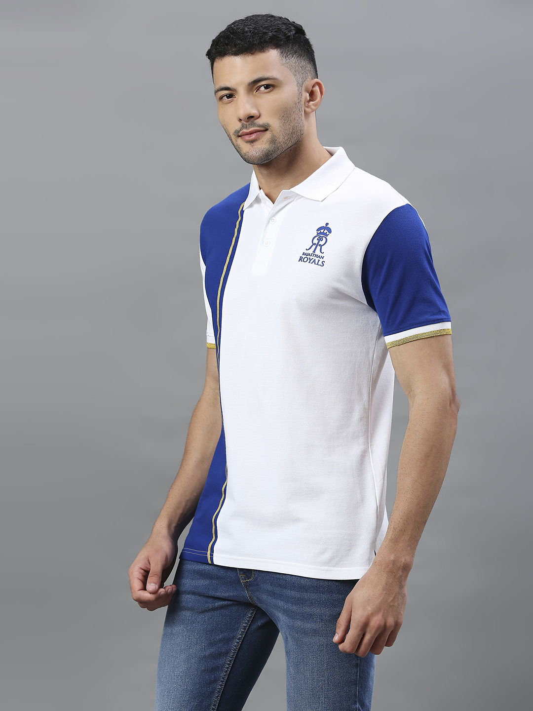 Rajasthan Royals Men White and Blue Colourblocked Half Sleeves Polo Collar Cotton T-Shirt (4)