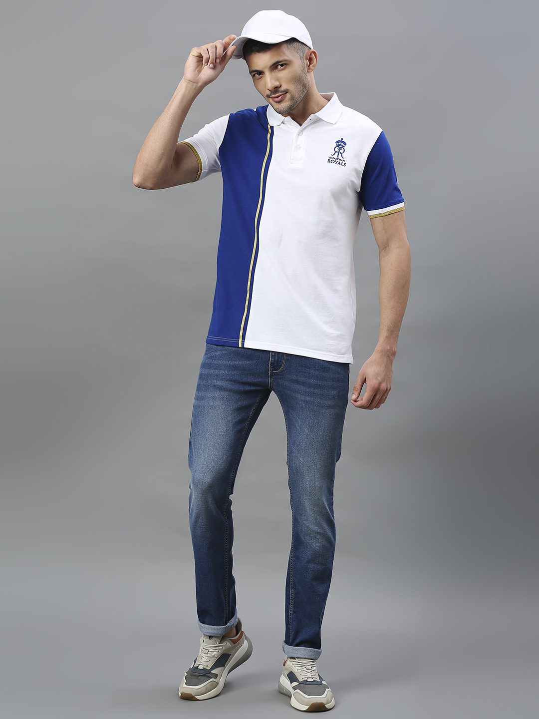 Rajasthan Royals Men White and Blue Colourblocked Half Sleeves Polo Collar Cotton T-Shirt (5)