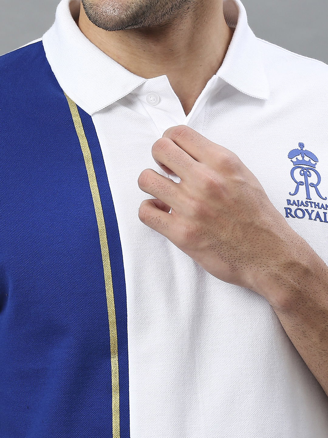 Rajasthan Royals Men White and Blue Colourblocked Half Sleeves Polo Collar Cotton T-Shirt (6)