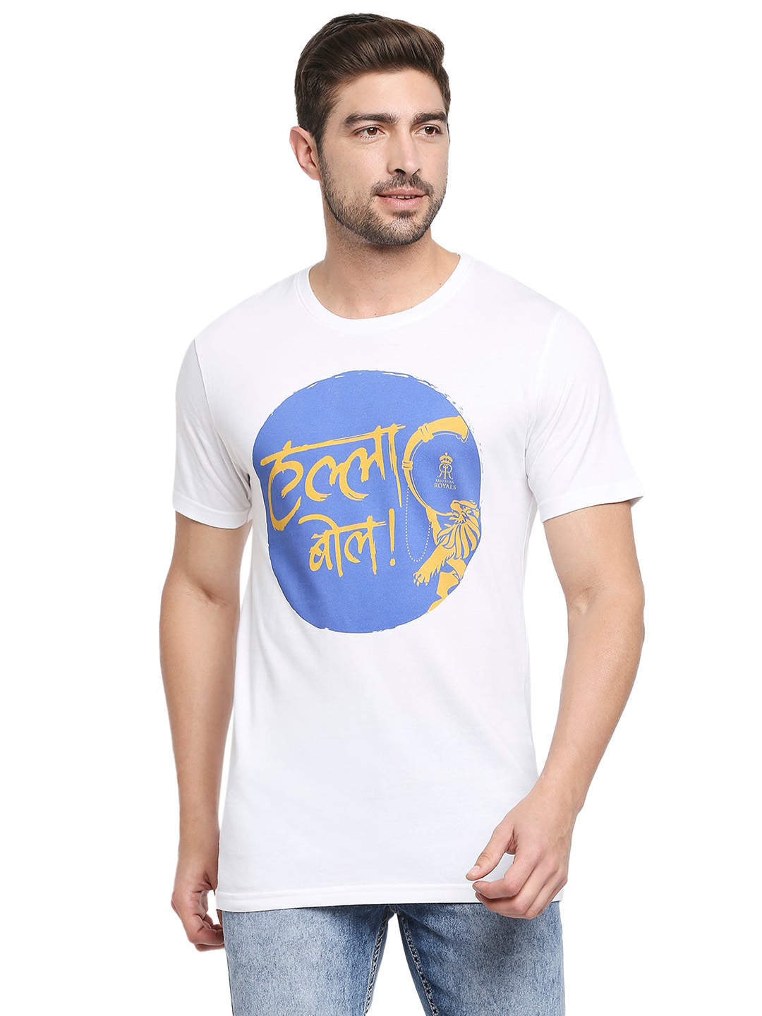 Rajasthan Royals Men White and Blue Printed Half Sleeves Round Neck T-Shirt (1)