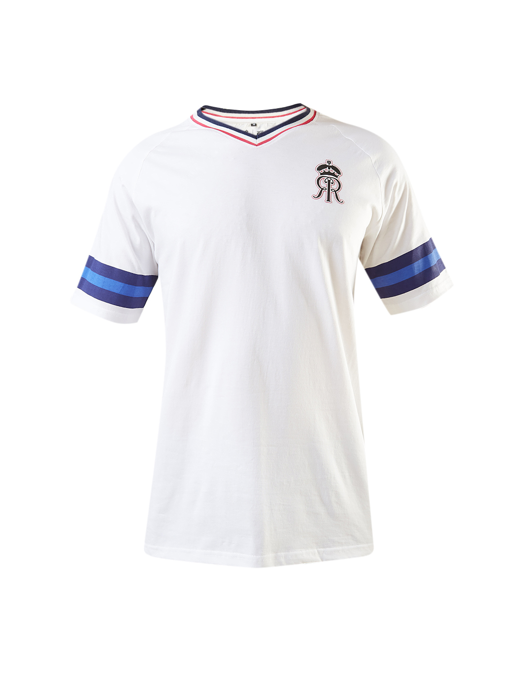 Rajasthan Royals Men White and Navy Blue Half Sleeves V-Neck Samson 11 Printed Oversized T-Shirt (6)